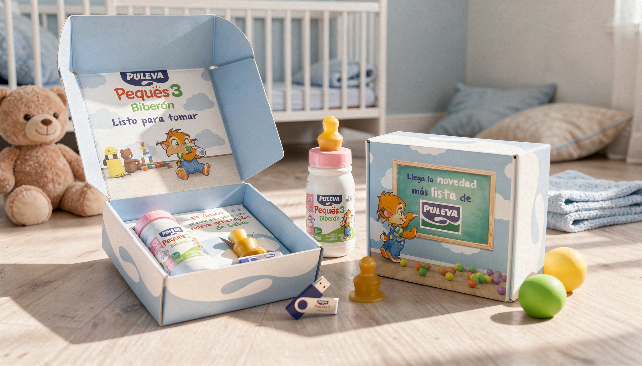 Creamos este welcome pack para presentar Puleva Peques 3 listo para tomar a jefes de compra de distribución. Un kit pedagógico y cercano que combinaba el universo bebé con argumentos comerciales claros, acompañado de un vídeo demostración de la novedad.